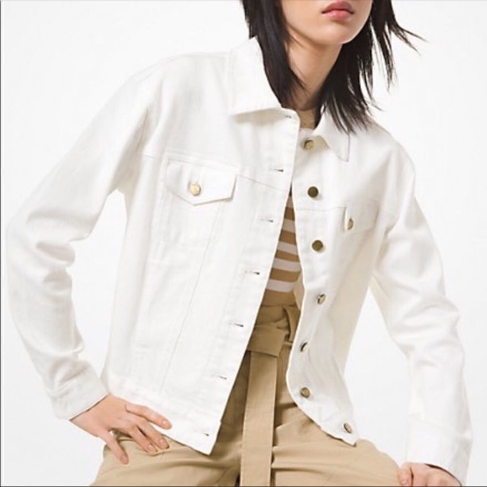 MK L White with Gold Tone Buttons Crop Denim Jacket